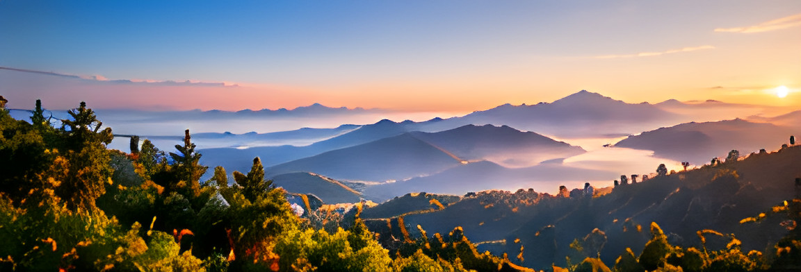 Misty mountain ranges at sunrise