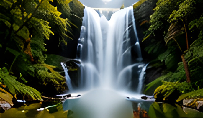 A waterfall in a lush green forest
