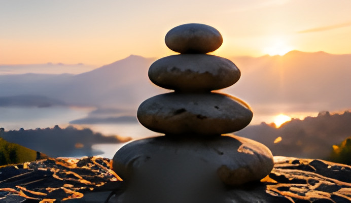 Balanced stones at sunrise above a misty valley