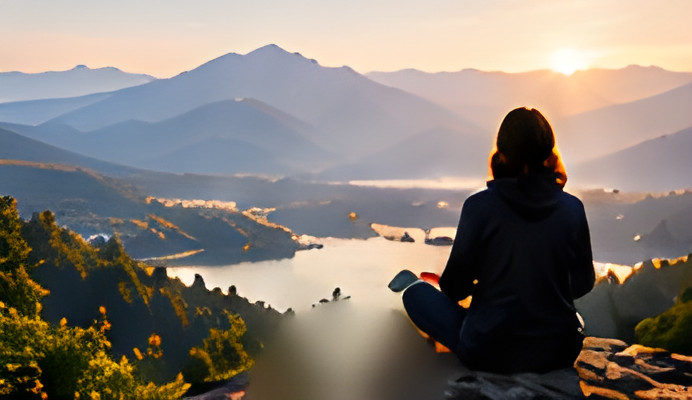 A woman meditating on a rock above a mountain lake