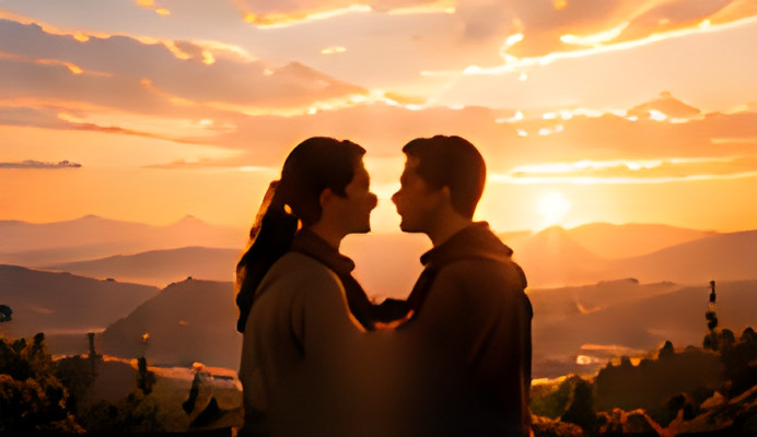 A couple face each other at sunset over the hills