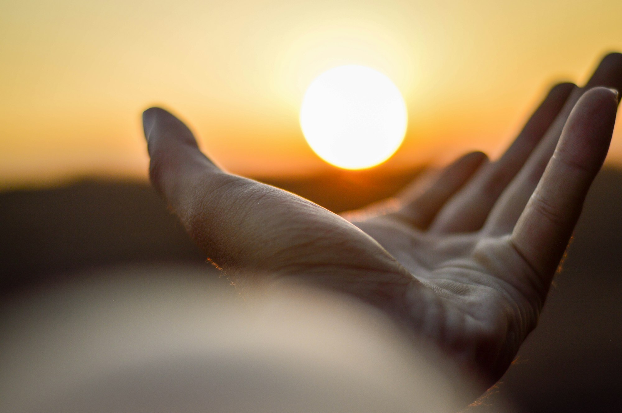 An open hand reaching toward the setting sun